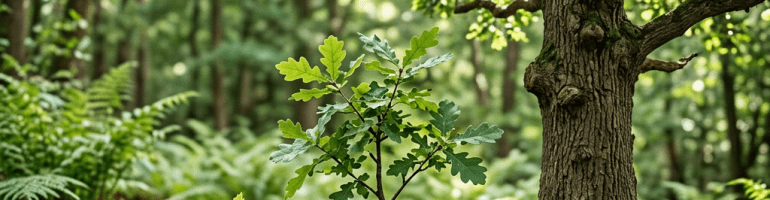 Stages of oak tree growth from acorn to seedling to sapling to mature tree with roots visible