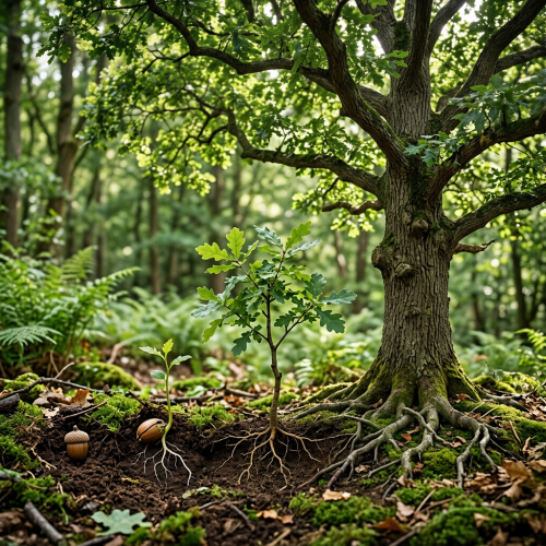Stages of oak tree growth from acorn to seedling to sapling to mature tree with roots visible