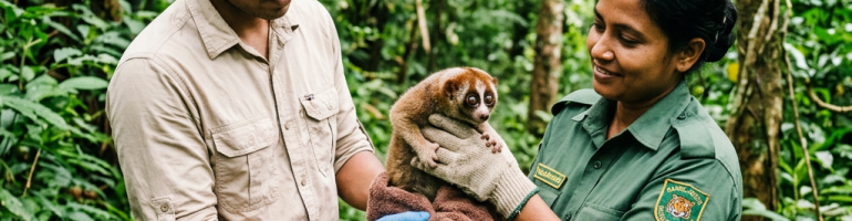 Two people holding a slow loris in a dense forest