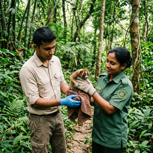 Two people holding a slow loris in a dense forest