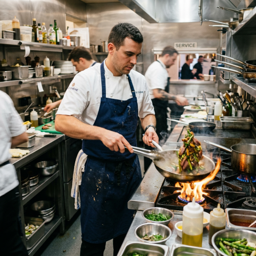 Chef cooking vegetables and meat in a flaming pan in a busy professional kitchen