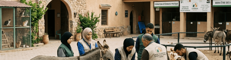 Group of people interacting with a donkey and dog outside the Animal Welfare Training Center