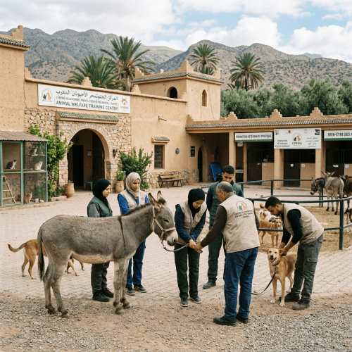 Group of people interacting with a donkey and dog outside the Animal Welfare Training Center