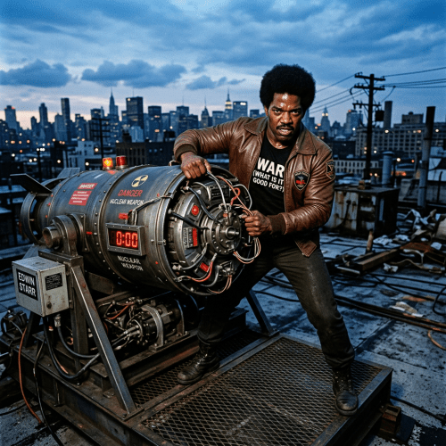 Man gripping countdown device on nuclear weapon on rooftop with city skyline background