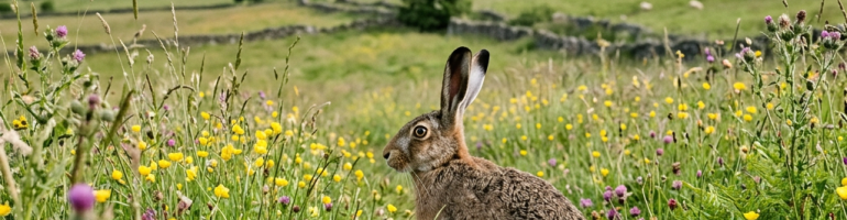Wild hare sitting in a flower-filled meadow with rolling hills in the background