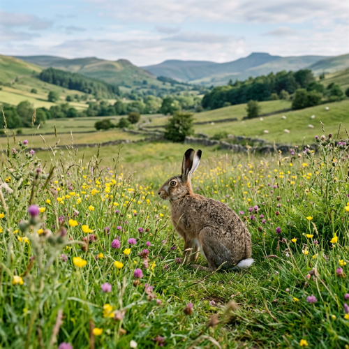 Wild hare sitting in a flower-filled meadow with rolling hills in the background