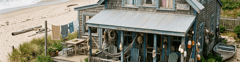 Wooden beach cottage with porch, plants, and ocean waves nearby