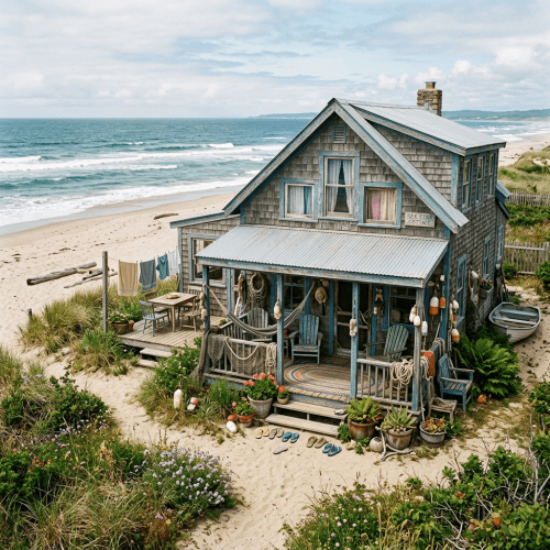 Wooden beach cottage with porch, plants, and ocean waves nearby