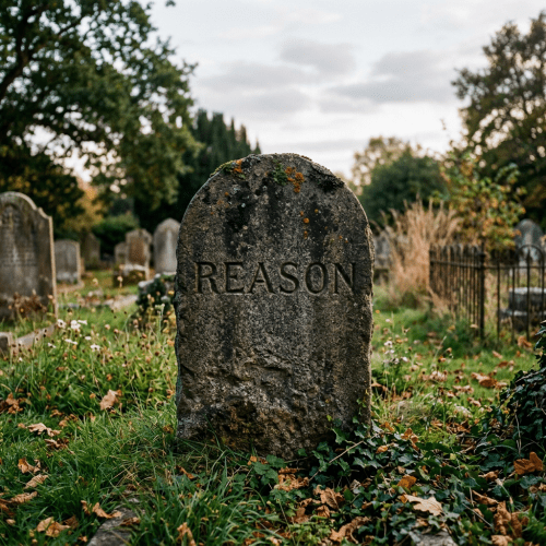 Weathered gravestone engraved with the word REASON in a grassy, leafy cemetery