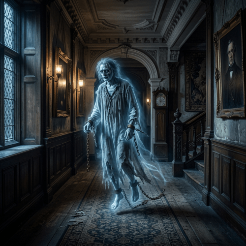 Ghostly apparition in tattered clothes floating in a dark mansion hallway with chains