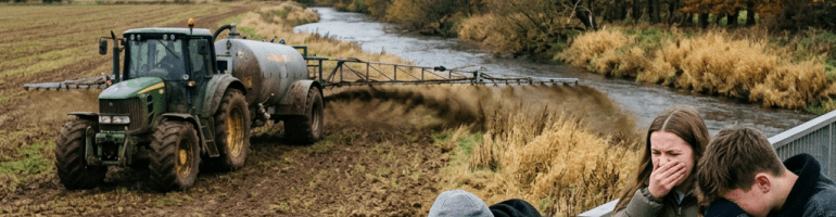 Tractor spraying field near river with three people covering their faces from the smell