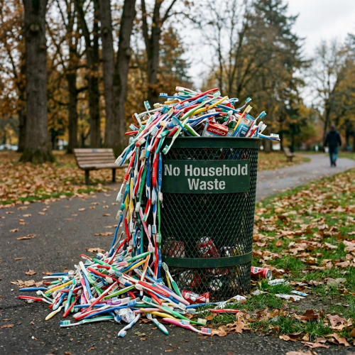Green metal trash bin filled and overflowing with numerous colorful toothbrushes, located in a park with fallen leaves and a pathway