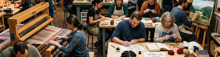 People creating various artworks including painting, carving, knitting, weaving, and sculpting in an art studio.
