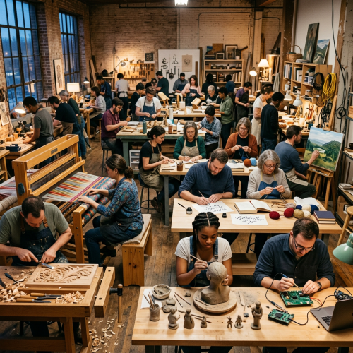 People creating various artworks including painting, carving, knitting, weaving, and sculpting in an art studio.