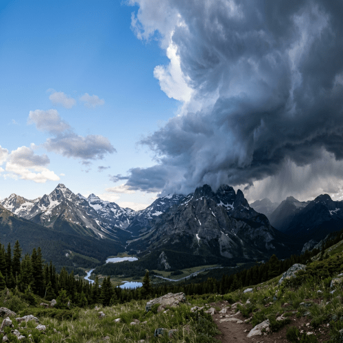 Mountainous valley with dark storm clouds approaching from the right