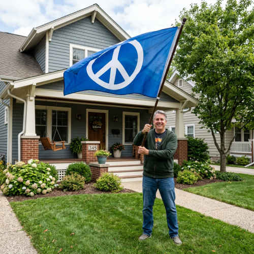 Man holding blue flag with white peace symbol in front of house
