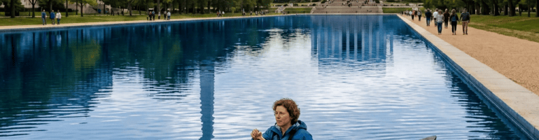 Person paddling a green canoe on the Reflecting Pool with Washington Monument and Lincoln Memorial in view