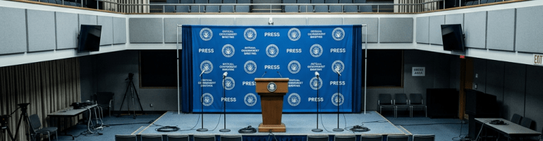 Empty press conference room with podium, microphones, and seating area