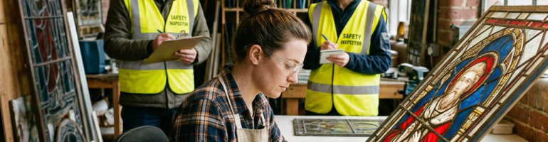 Technician restoring stained glass window while safety inspectors observe