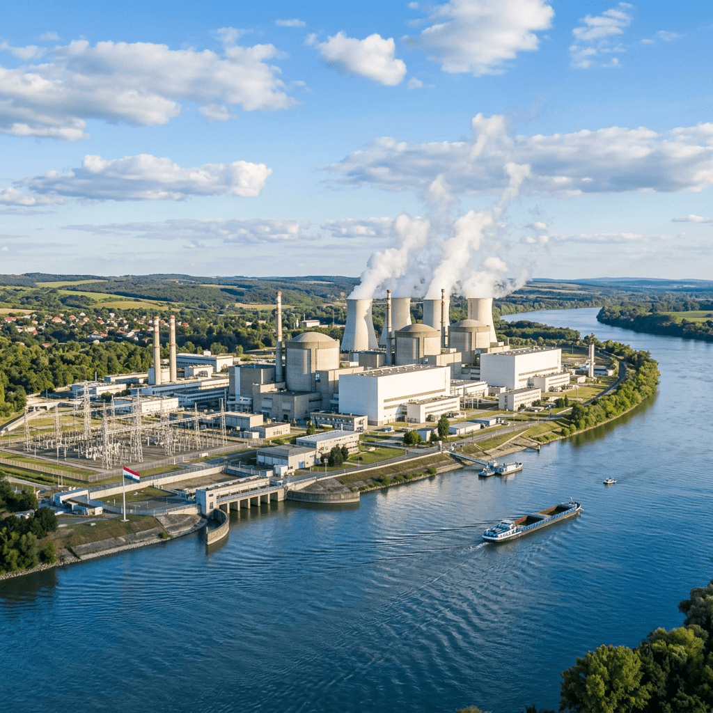 Nuclear power plant with multiple cooling towers releasing steam next to a river and green landscape