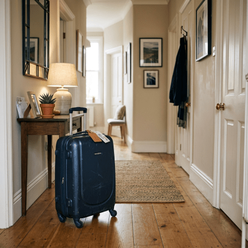 Black suitcase with luggage tag in a home hallway beside a wooden table and lamp