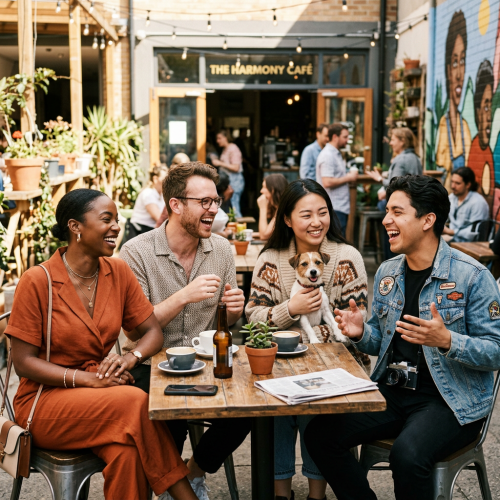 Group of four friends sitting at café table laughing and chatting with a small dog.