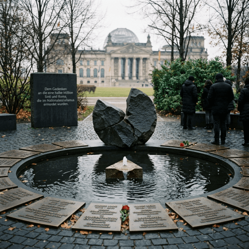 Memorial water fountain with broken stone and plaques commemorating Sinti and Roma Holocaust victims