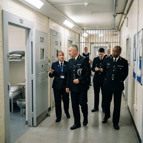 Senior officers inspecting prison cells while walking down a hallway
