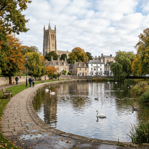 Pond with swans and ducks beside a curved stone walkway and historic village buildings including a church with a tall tower