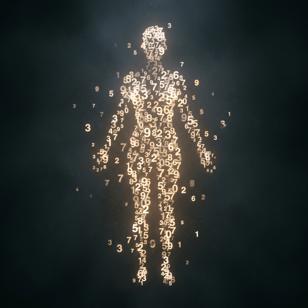Human-shaped figure formed by glowing numbers on a dark background