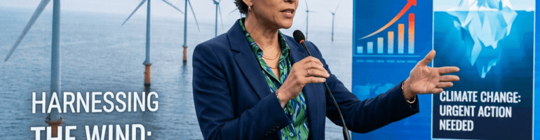Presenter speaking at a podium with wind turbines and climate change graphics behind