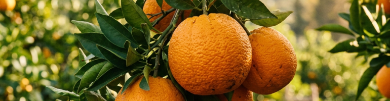 Ripe oranges clustered on a leafy tree branch with orchard background