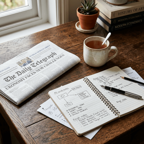 Newspaper titled The Daily Telegraph, open notebook with notes and pens, steaming cup of tea, small potted plant, stack of books on wooden table