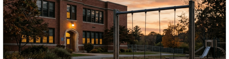 Empty playground with swings and benches outside a lit brick school building at dusk