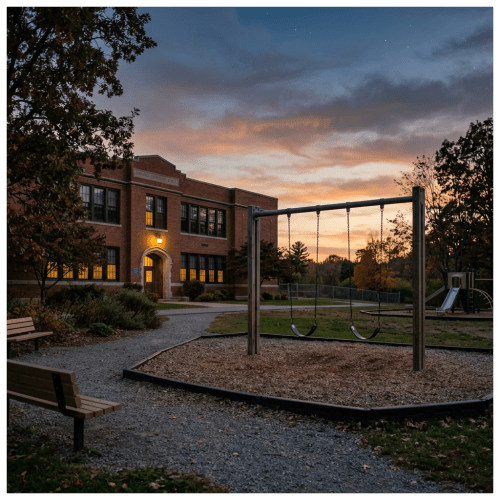 Empty playground with swings and benches outside a lit brick school building at dusk
