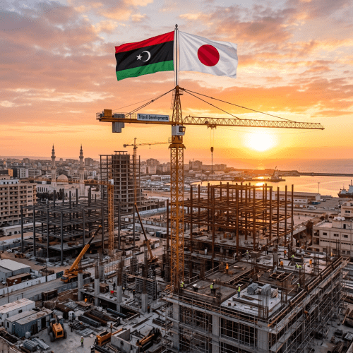Construction crane with Libya and Japan flags over a building site at sunset in Tripoli