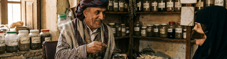 Man in traditional clothing preparing herbs for a woman in a herbal medicine shop