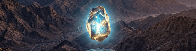 A glowing blue and gold rock floating above a mountain peak at sunset with a hiker watching