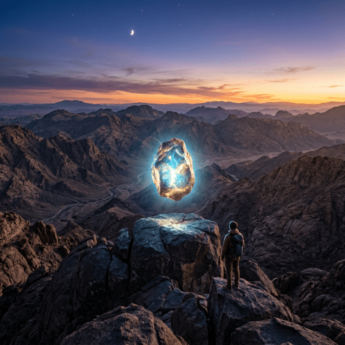 A glowing blue and gold rock floating above a mountain peak at sunset with a hiker watching