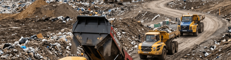 Dump trucks and excavators moving waste at a landfill site