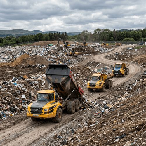 Dump trucks and excavators moving waste at a landfill site