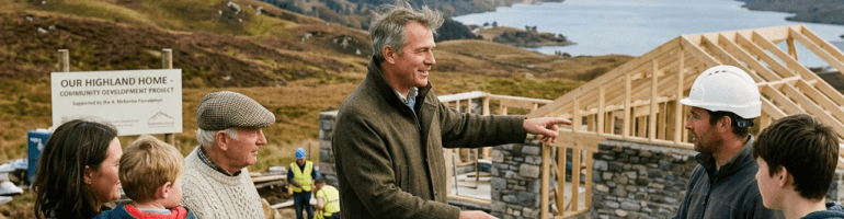 Group of people discussing construction plans near building frames in a Highland landscape