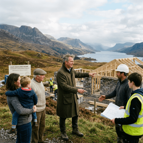 Group of people discussing construction plans near building frames in a Highland landscape