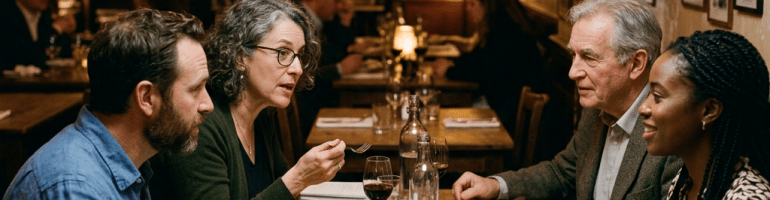 Four people seated around a wooden table eating and talking in a warmly lit restaurant