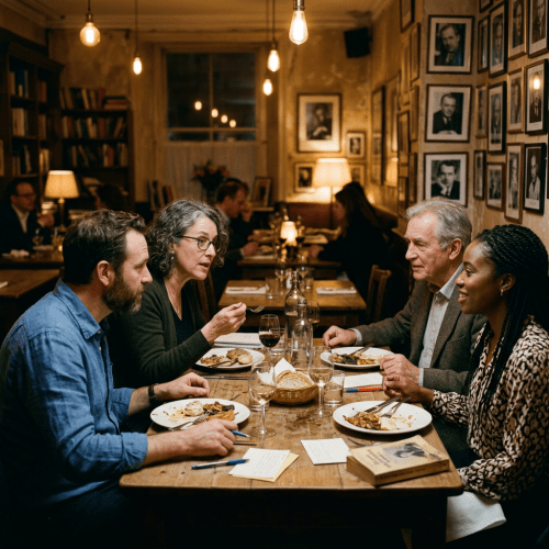 Four people seated around a wooden table eating and talking in a warmly lit restaurant