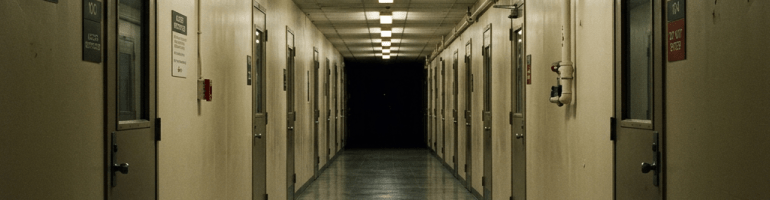 Long indoor hallway with closed doors on both sides and fluorescent ceiling lights