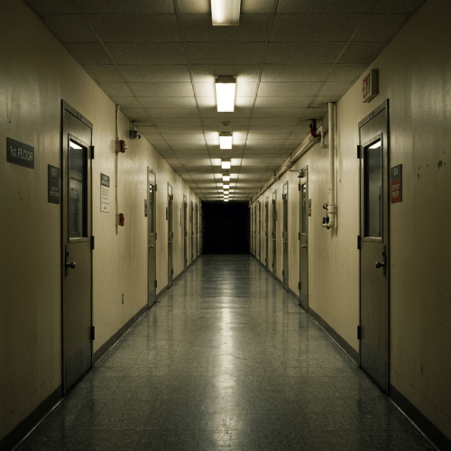 Long indoor hallway with closed doors on both sides and fluorescent ceiling lights