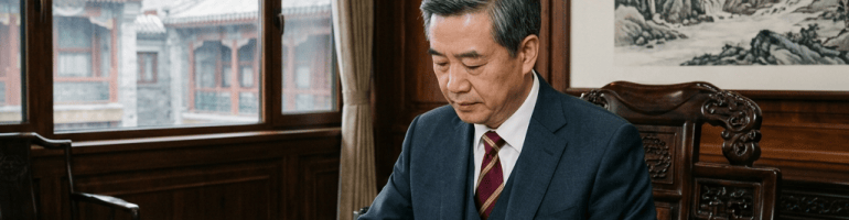 Official signing documents at a desk in a traditional Chinese office