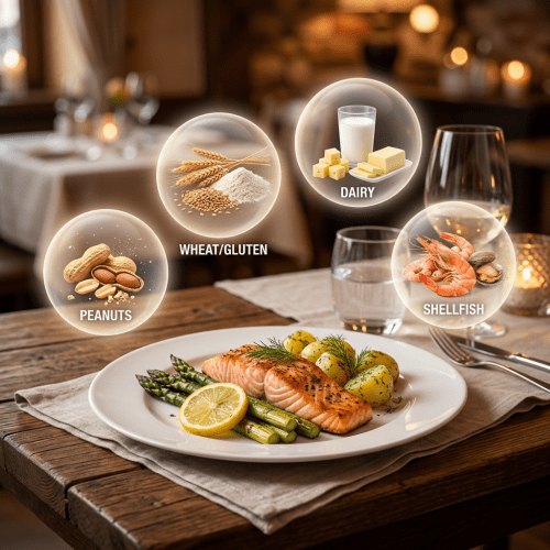 Salmon dinner with labels: PEANUTS, WHEAT/GLUTEN, DAIRY, and SHELLFISH
