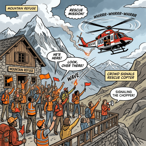 Hikers waving flags and flares as a rescue helicopter approaches a mountain refuge